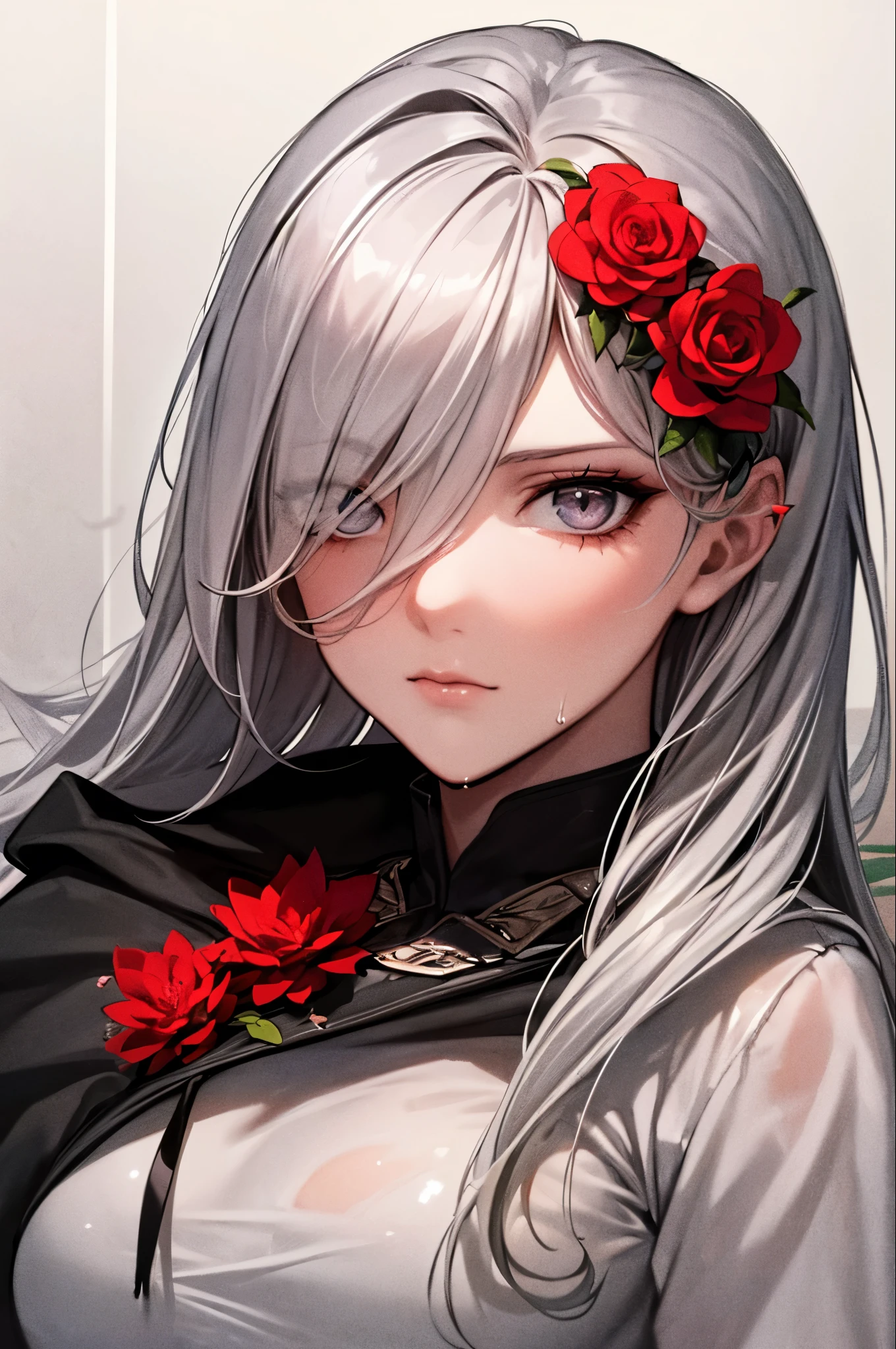 One girl,alone,One girl,alone,((Beautiful fine details)), (Detailed light),Depth of written boundary,(Gray Hair),Silver Eyes,Hair on one eye,(Red flower ), Hair Flowers,Long Hair,Black Cape,Wet,emotionless,Recall,night,Starfall,,fog,Red flowers falling,sketch,Upper Body,Strong Shadows,