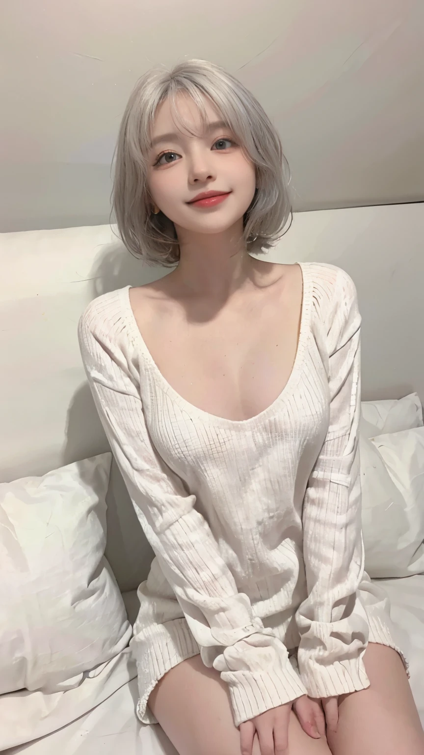 Best image quality、Raw photo、超A high resolution、21 year old Korean、Small breasts、Small breasts、Dynamic Angle、Cowboy Shot、Chaos in its most beautiful form、elegant、Brutalist Design、Beautiful white hair、Vibrant colors、Short Bob、smile、fun、smile、Glowing White Skin、Beautiful eyes with random colors、Very thin lips、Beautiful eyes in every detail、Long, narrow eyes、Pale pink blush、Long eyelashes、Beautiful double eyelids、eye shadow、Bright white hair、sofa、large summer sweater、Short sleeves、sleep、lie down、Lying on your back、Full body shot、Full body shotする