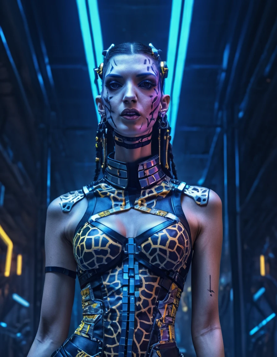 a (giraffe pattern )cosplaying in a yellow and black outfit,sword,beautiful cyberpunk woman,cyberpunk angry gorgeous goddess,beautiful cyborg girl pinup,retro futuristic heroine,hyper realistic,intricate details,cinematic lighting,vibrant colors,award winning,stunning,masterpiece
