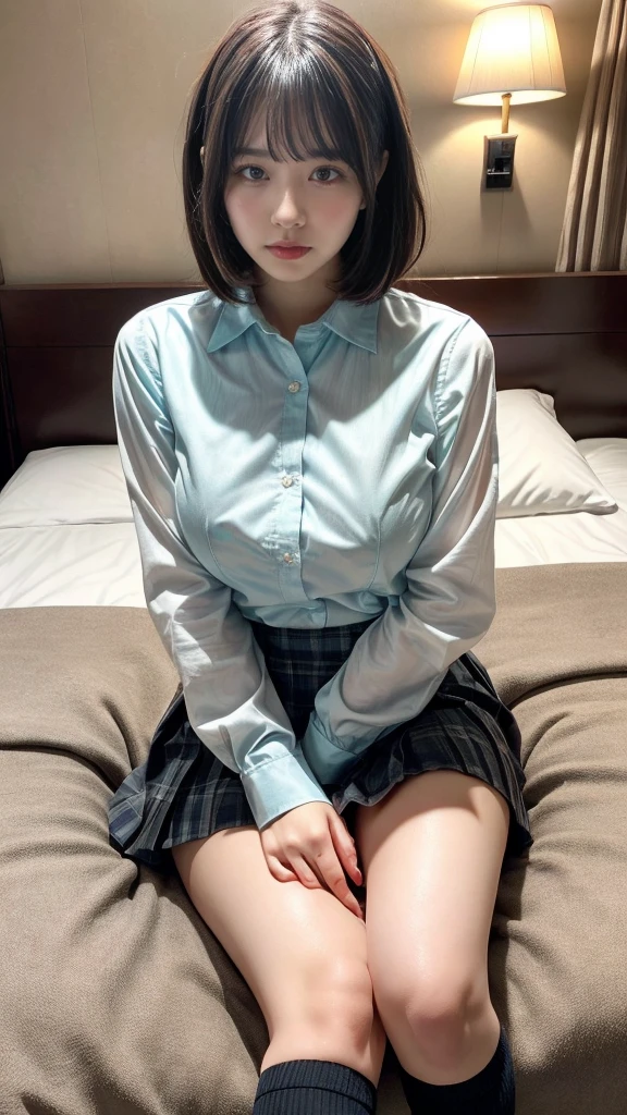masterpiece, best quality, illustration, Super detailed, fine details, High resolution, 8K,wall paper, perfect dynamic composition,(Details High quality, realistic depiction of eyes:1.3), (collared shirt:1.1), pleated skirt, knee high socks, Lying down, large breasts, short bob hair, black hair color, Big Natural Color Lip, bold sexy pose, (perfect body shape), crying a little、cold gaze, Harajuku style、20 year old girl、cute type、lolita、beautiful legs, hotel room, hposing Gravure Idol, Voluptuous thighs, large hip