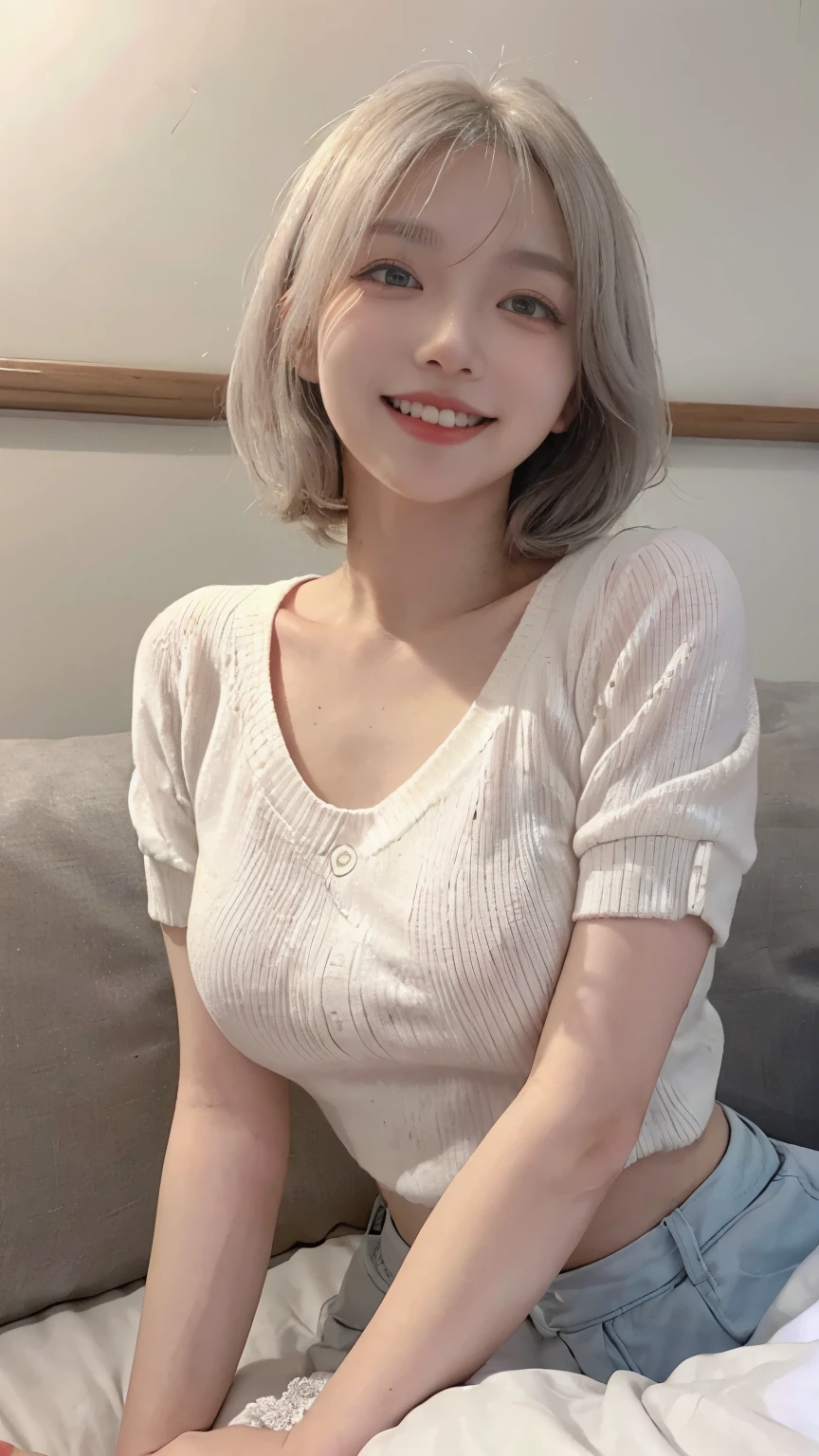 Best image quality、Raw photo、超A high resolution、21 year old Korean、Small breasts、Small breasts、Dynamic Angle、Cowboy Shot、Chaos in its most beautiful form、elegant、Brutalist Design、Beautiful white hair、Vibrant colors、Short Bob、smile、fun、smile、Glowing White Skin、Beautiful eyes with random colors、Very thin lips、Beautiful eyes in every detail、Long, narrow eyes、Pale pink blush、Long eyelashes、Beautiful double eyelids、eye shadow、Bright white hair、sofa、large summer sweater、Short sleeves、sleep、lie down、Lying on your back、Full body shot、Full body shotする