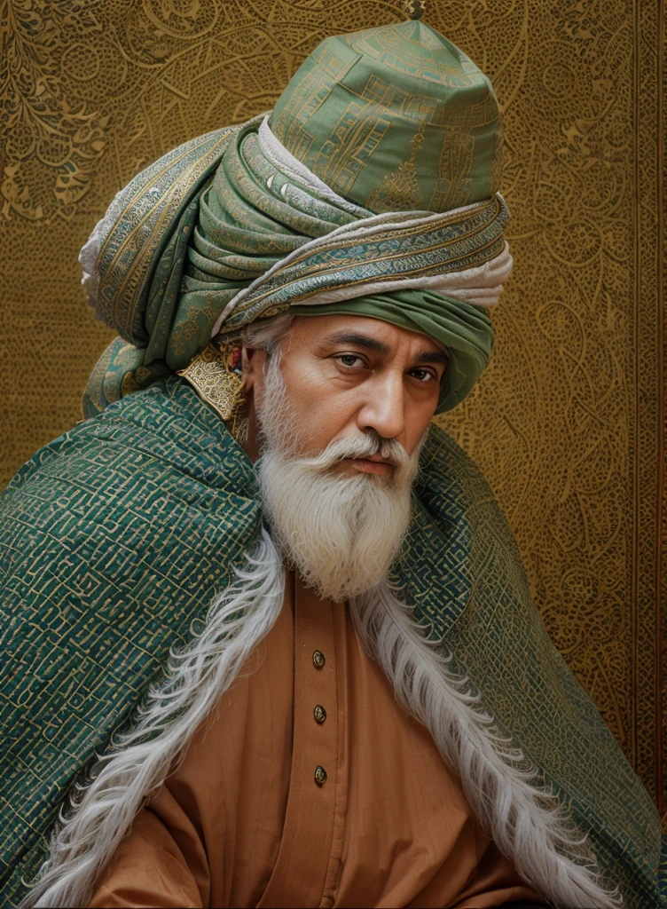 an old man with a white beard and a green turban sitting down on a, inspired by Kamāl ud-Dīn Behzād, highly detailed digital painting, Kamāl ud-Dīn Behzād, sufism, digital painting highly detailed, sultan, by Kamāl ud-Dīn Behzād, ottoman sultan, inspired by Sheikh Hamdullah, very detailed digital painting, inspired by Osman Hamdi Bey, renaissance digital painting, inspired by Ismail Gulgee, turban, detailed digital painting, mahmud barzanji, high quality digital painting, Sheikh Hamdullah, highly detailed 4 k painting, ultra detailed portrait