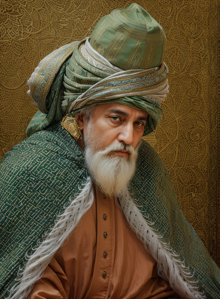 an old man with a white beard and a green turban sitting down on a, inspired by Kamāl ud-Dīn Behzād, highly detailed digital painting, Kamāl ud-Dīn Behzād, sufism, digital painting highly detailed, sultan, by Kamāl ud-Dīn Behzād, ottoman sultan, inspired by Sheikh Hamdullah, very detailed digital painting, inspired by Osman Hamdi Bey, renaissance digital painting, inspired by Ismail Gulgee, turban, detailed digital painting, mahmud barzanji, high quality digital painting, Sheikh Hamdullah, highly detailed 4 k painting, ultra detailed portrait