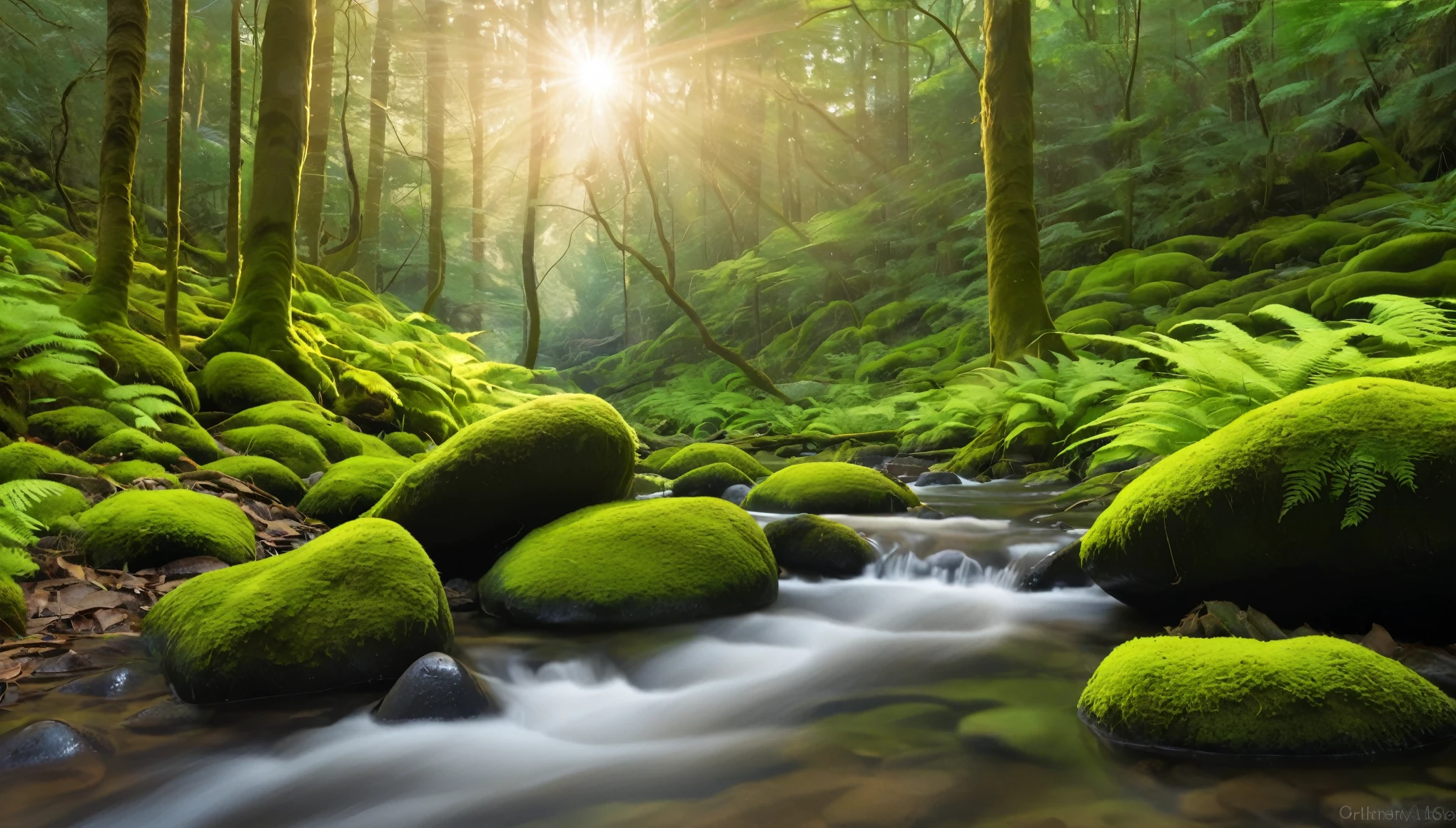 A serene forest scene with a shallow stream flowing gently over smooth rocks. The foreground should feature vibrant green moss and ferns growing on the rocks and along the stream's edge. The water should be clear and reflective, capturing the warm, golden light of the sunrise filtering through the dense forest canopy. Use a shallow depth of field to blur the background, which consists of tall, shadowy trees and scattered foliage. Ensure the sunlight creates a soft bokeh effect, adding a dreamy, tranquil atmosphere to the scene