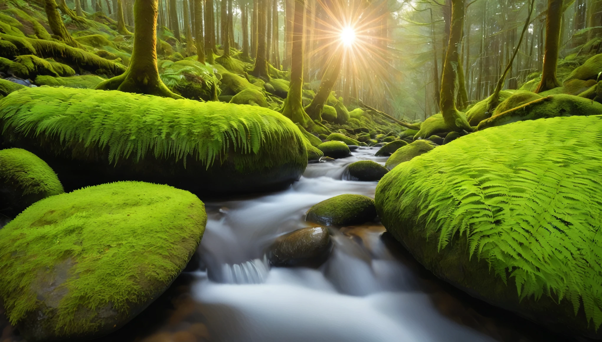 A serene forest scene with a shallow stream flowing gently over smooth rocks. The foreground should feature vibrant green moss and ferns growing on the rocks and along the stream's edge. The water should be clear and reflective, capturing the warm, golden light of the sunrise filtering through the dense forest canopy. Use a shallow depth of field to blur the background, which consists of tall, shadowy trees and scattered foliage. Ensure the sunlight creates a soft bokeh effect, adding a dreamy, tranquil atmosphere to the scene