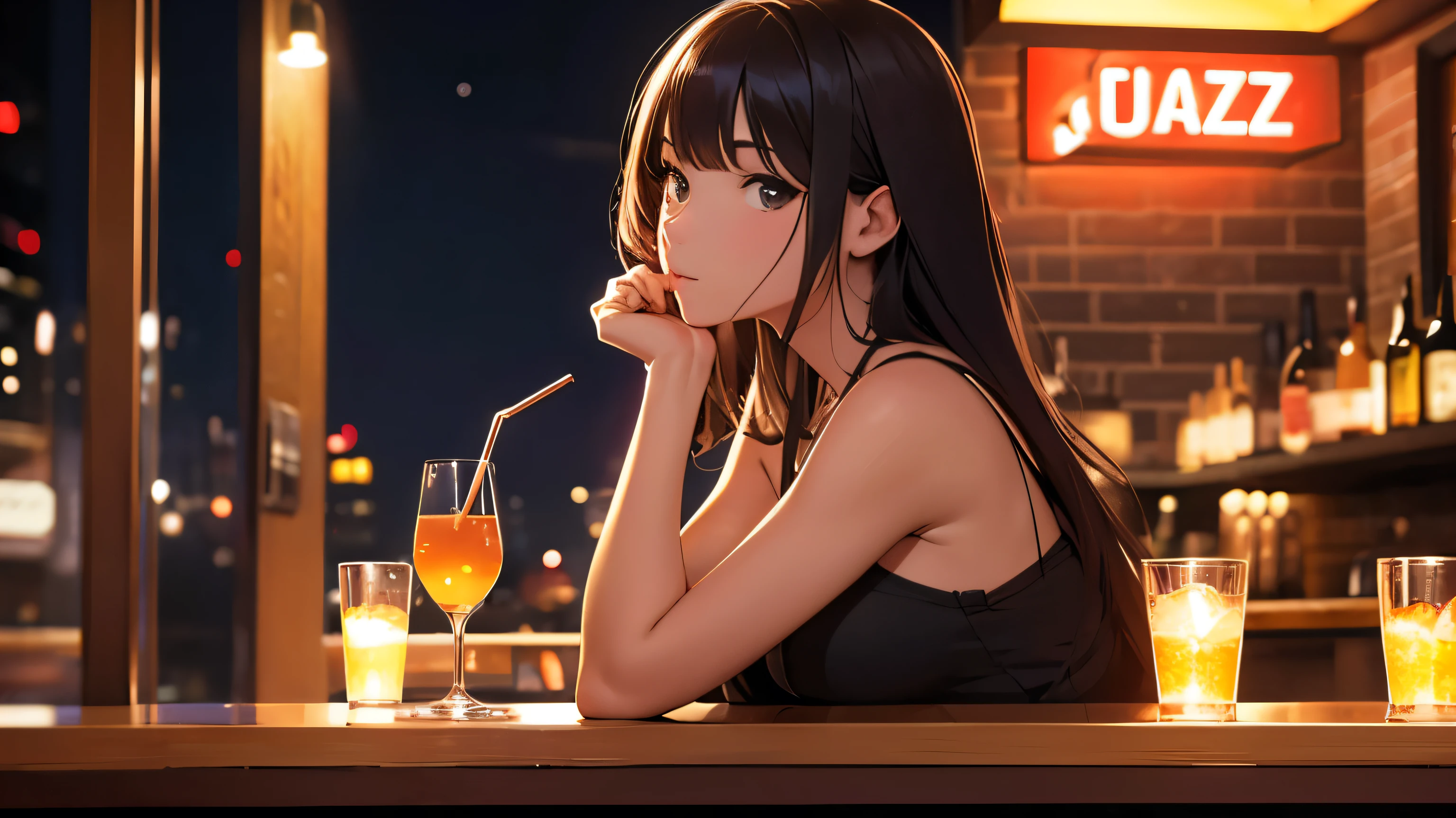 A beautiful girl drinking alone at the counter of a jazz bar, detailed face, high resolution, night, side face