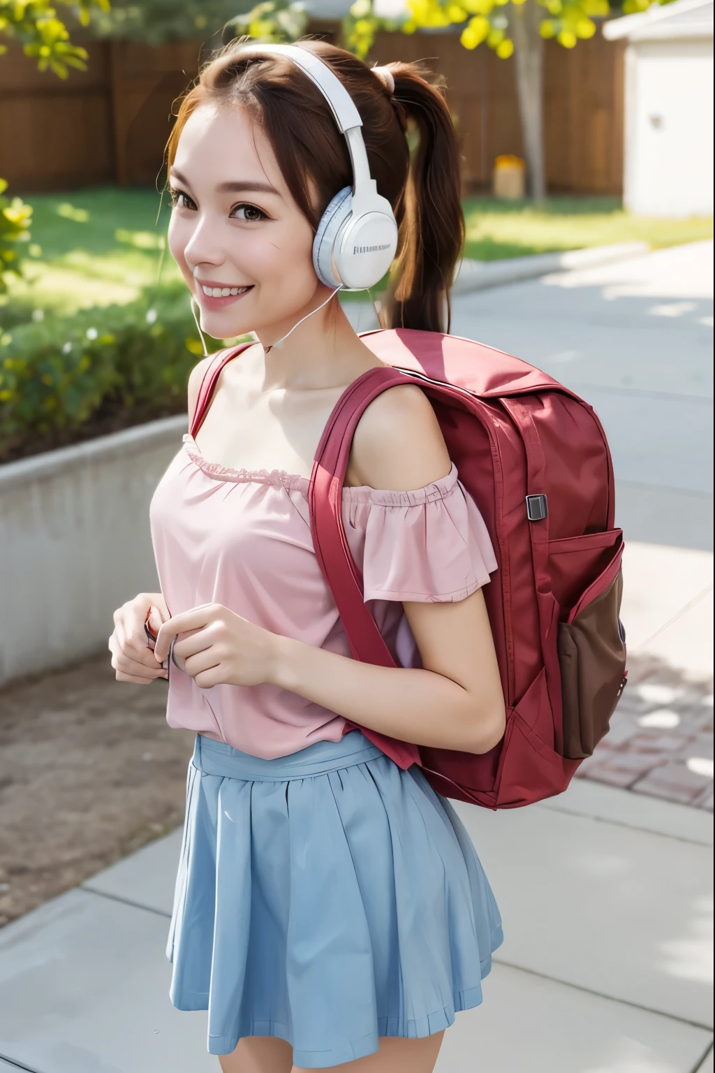 Masterpiece, hd, realistic, brown hair, ponytail, smile, wearing white headphones, (headphones:1.2), JBL