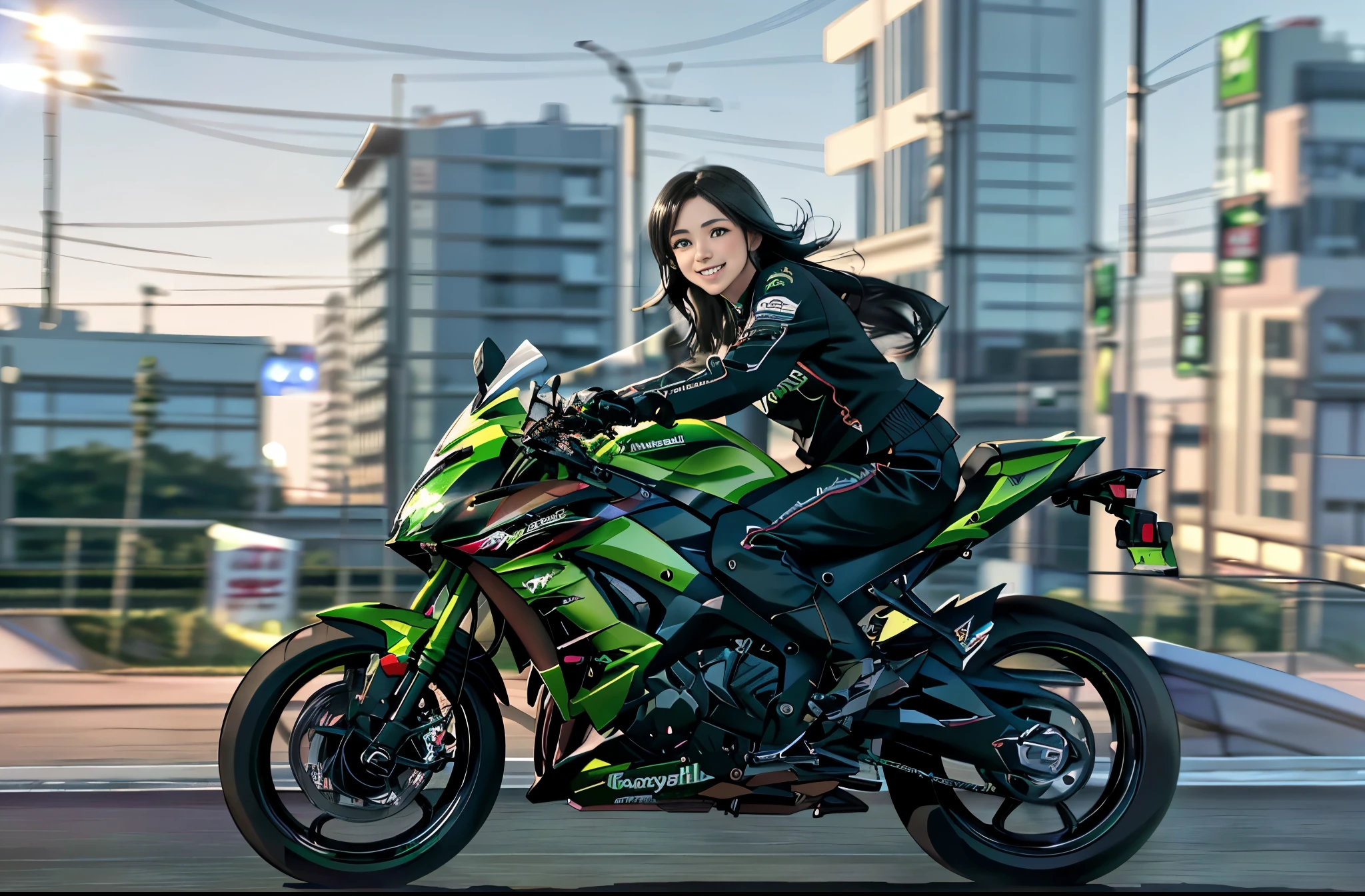 highest quality, 8k, High resolution, masterpiece, (Portraiture: 0.6), Kawasaki motorcycles racing through the city at high speeds,(Slow motion:1.3),(Motion Blur:1.3),(Speed Line:1.4),Speed,One girl, Black Hair, Medium Hair, (Wicked Smile: 1.3), (Audience: 1.3), (Bokeh), 18-year-old