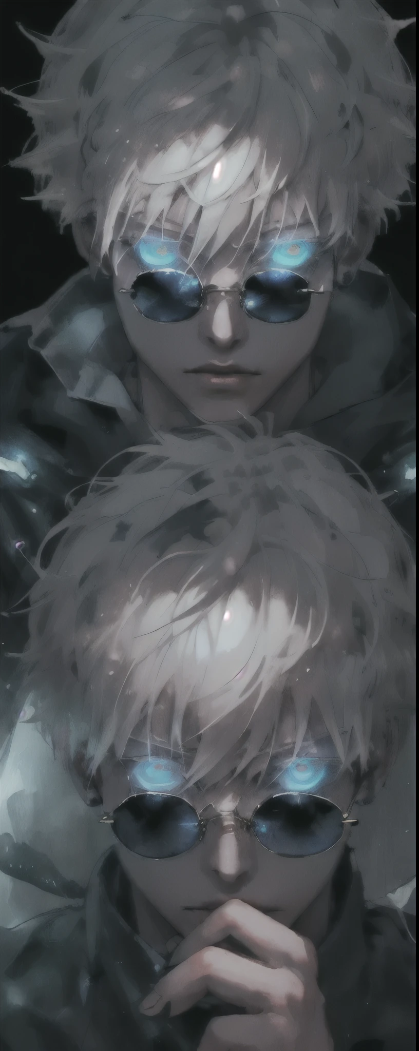 1 boy,rim light,looking_at_screen,masterpiece,best quality,solo,Gojo Satoru,highest detailed.sunglasses,Glowing eyes,white hair,