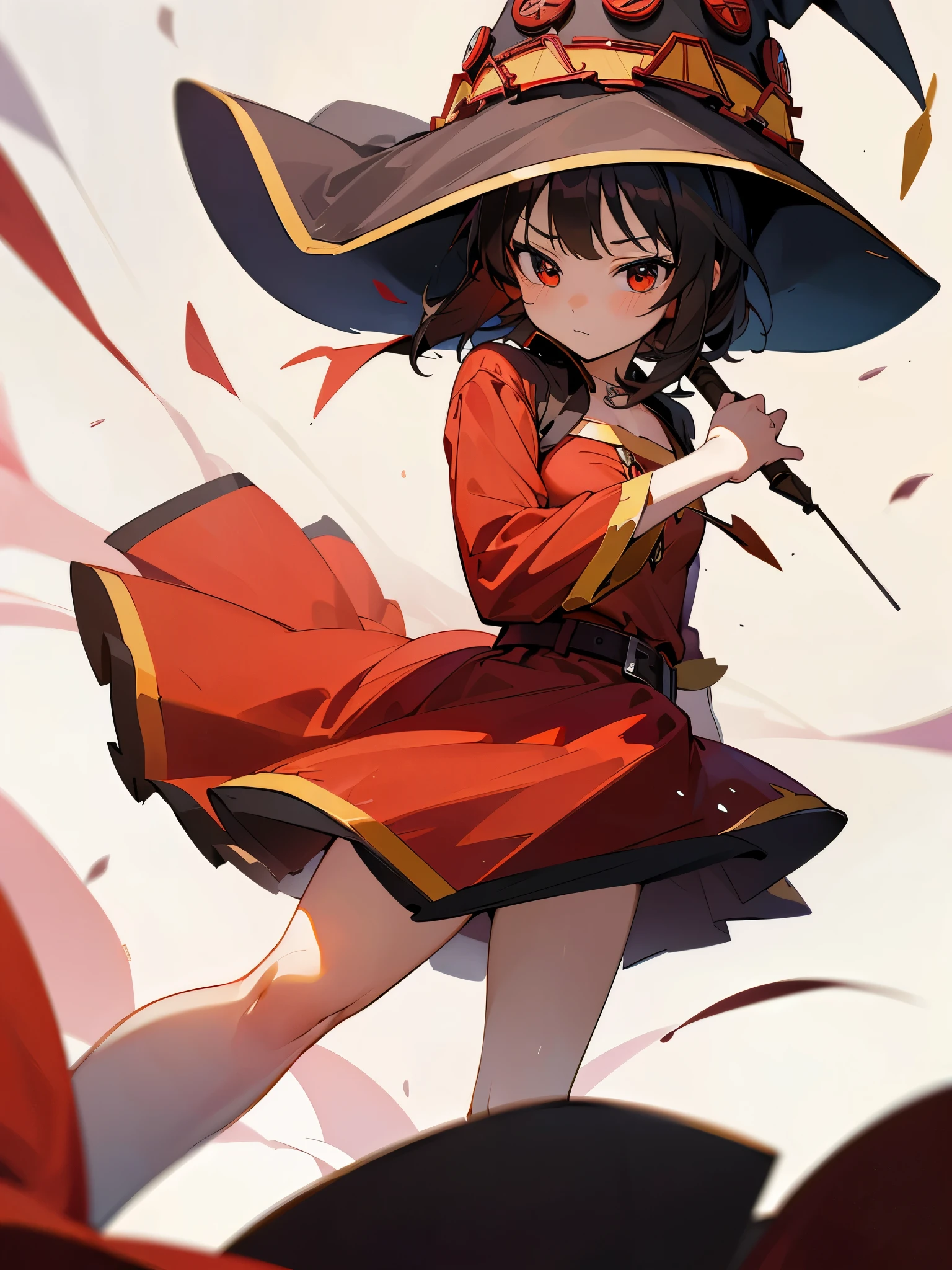 (masterpiece, best quality), 1girl, megumin, short hair, dress, red dress, hat, witch hat, belt