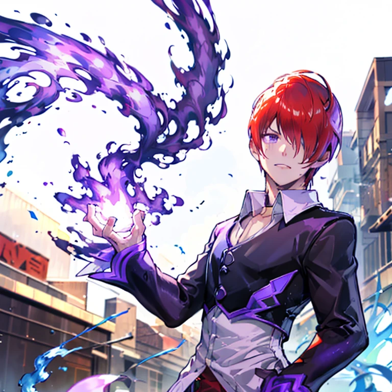 One boy,Hair on one eye,Redhead,short hair,Purple Flame,Fantasy World,isekai,New York Street,