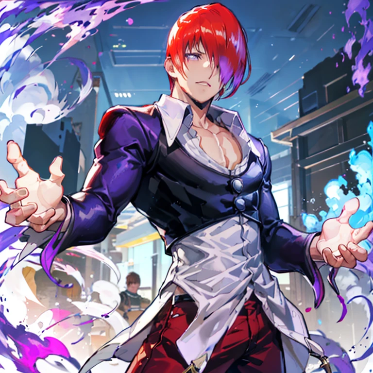 One boy,Hair on one eye,Redhead,short hair,Purple Flame,Fantasy World,isekai,New York Street,