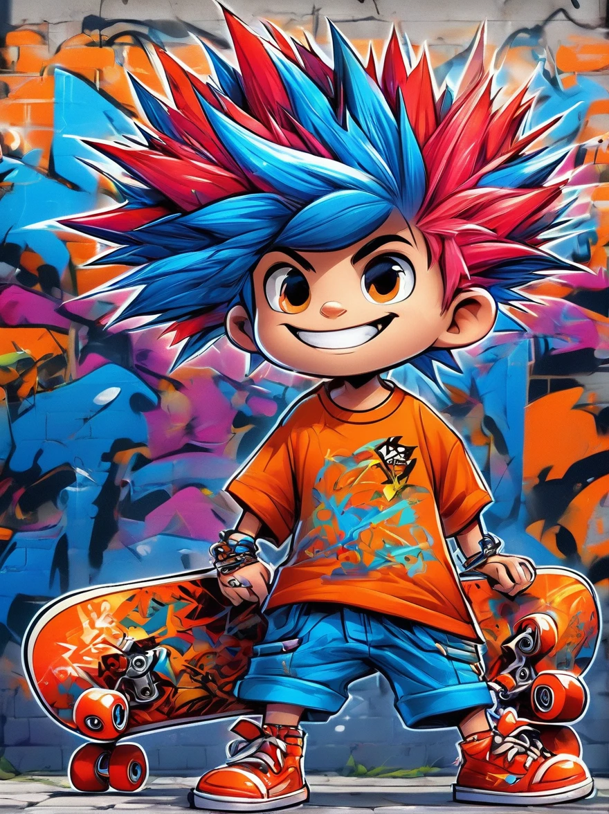 A cartoon doodle character，Vector illustratioughty **********，With spiky, brightly colored hair，Unique and wild style，It's easy to identify，Wearing orange T-shirt、Blue shorts and red shoes, He often has a mischievous smile，and stir up trouble in his nameless town, He was known for his skateboarding skills and nonchalant attitude., Standing in front of a graffiti style background，Adds whimsy to the scene。