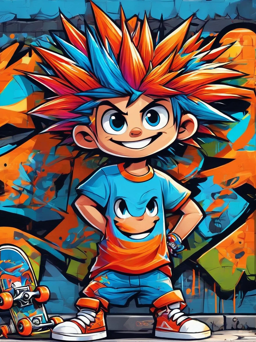 A cartoon doodle character，Vector illustratioughty  boy，With spiky, brightly colored hair，Unique and wild style，It's easy to identify，Wearing orange T-shirt、Blue shorts and red shoes, He often has a mischievous smile，and stir up trouble in his nameless town, He was known for his skateboarding skills and nonchalant attitude., Standing in front of a graffiti style background，Adds whimsy to the scene。