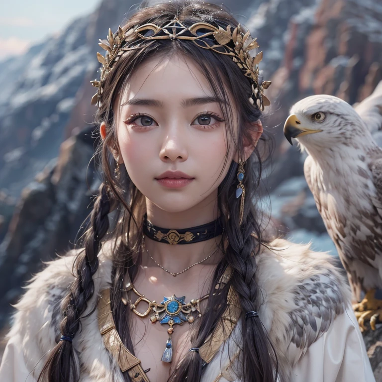 Hiding in the snowy mountains、Hair flow、 ((highest quality、masterpiece、8k、Best image quality、Ultra-high resolution、Award-winning works)、(Accurate anatomy:1.1)、(Look at me and smile:1.1)、Shining fair skin with Ultra-high resolution、The most detailed face、Ultra-high resolution detailed face、Ultra-high resolutionの髪の毛、(Ultra-high resolutionの煌めく瞳:1.1)、Beautiful face drawn in every detail、(Blurred Background:1.1)、Ancient Inuit clothing, Chest to chest, tattoo, Old ruins in the background、Apart from the real giant eagle