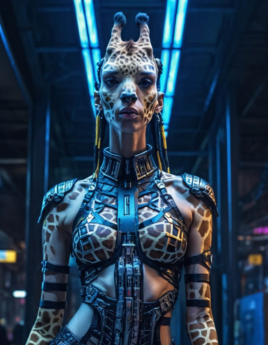 a (giraffe pattern ) woman in a yellow and black outfit,sword,beautiful cyberpunk woman,cyberpunk angry gorgeous goddess,beautiful cyborg girl ,hyper realistic,intricate details,cinematic lighting,vibrant colors,award winning,stunning,masterpiece
