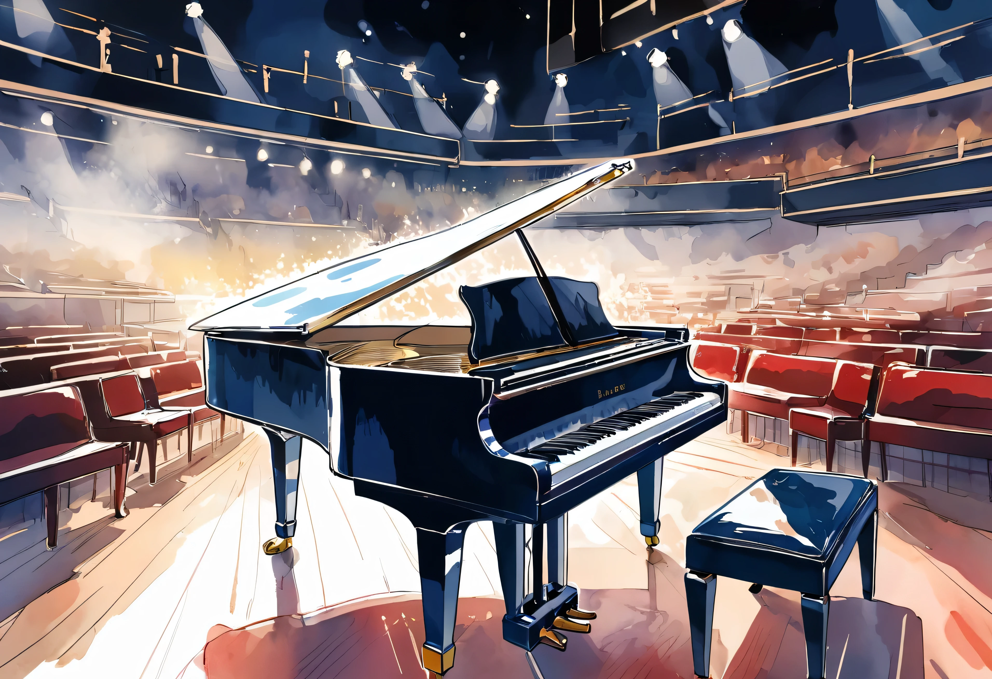 no people,piano stage,Omitted style,Line drawing sketch,Stylish cut, artistic,Scribble style,Clear, bold, thick outlines,,Rough coloring, watercolor painting,
