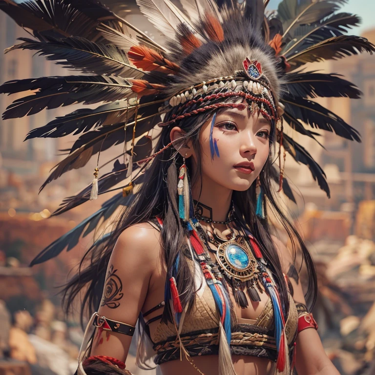 At the Grand Canyon、Hair flow、 ((highest quality、masterpiece、8k、Best image quality、Ultra-high resolution、Award-winning works)、(Accurate ???????:1.1)、(Look at me and smile:1.1)、Shining fair skin with Ultra-high resolution、The most detailed face、Ultra-high resolution detailed face、Ultra-high resolutionの髪の毛、(Ultra-high resolutionの煌めく瞳:1.1)、Beautiful face drawn in every detail、(Blurred Background:1.1)、Native American Costume, American Indian Clothing, Chest to chest, tattoo、A real giant condor next to you。