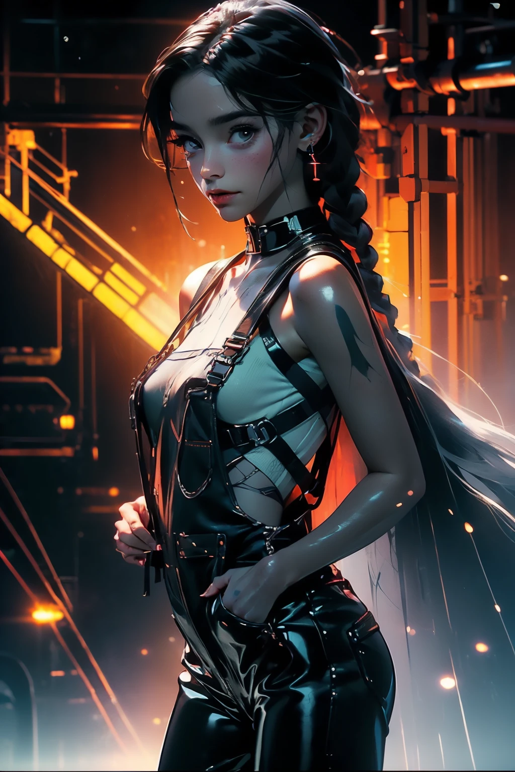 ((Picture in cyber punk style, create two characters), (futuristic , space station, space)))_((In the center of the composition there are two characters, close-up, a boy and a girl - full growth), (a girl in a stylish overalls, a slender figure, dynamic pose), (her clothes look very stylish, futuristic, a lot of details, latex material, textured fabric elements, colors, pink, blue, white), (her image embodies beauty and sympathy, her face radiates happiness, expressive eyes, smile), (her hairstyle, two long braids, hair dyed blue, pink - neon highlights))_((Her partner, a futuristic boy from the future, is dressed in all black, his preference in clothing, dark gothic style, combined with space jumpsuit, sporty stylish), (shoulder-length hair, handsome, black eyes, slender, young, strong body))_((Background, space station, space, technological elements, shine of stars))_((High image quality, stylish picture in cyber punk style, futuristic future, masterpiece), (animation cinematography, stylized realism, Japanese anime, blade runner, apple seed, animatrix), (FULL HD, 18K).
