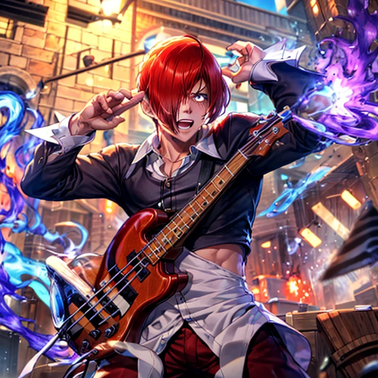 One boy,Hair on one eye,Redhead,short hair,Purple Flame,Playing the bass,Fantasy World,isekai,live house,