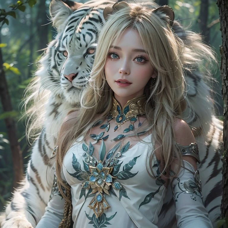 Standing in the forest、Hair flow、 ((highest quality、masterpiece、8k、Best image quality、Ultra-high resolution、Award-winning works)、(Accurate anatomy:1.1)、(Look at me and smile:1.1)、Shining fair skin with Ultra-high resolution、The most detailed face、Ultra-high resolution detailed face、Ultra-high resolutionのblond hair、(Ultra-high resolution eye:1.1)、Beautiful face drawn in every detail、Traditional Russian costume , Chest to chest,  Strange atmosphere, Next to him stands a real white tiger, Dark Light, in the forest , Heavy makeup 
