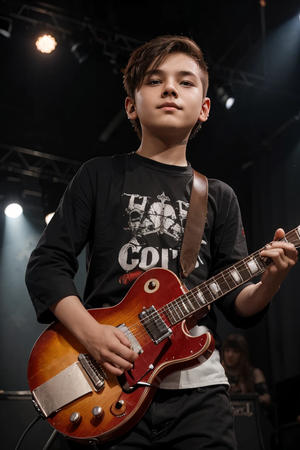a young boy undercut hair using red gibson gitar play a metal melody with his complete band on stage look from the audience angle full view