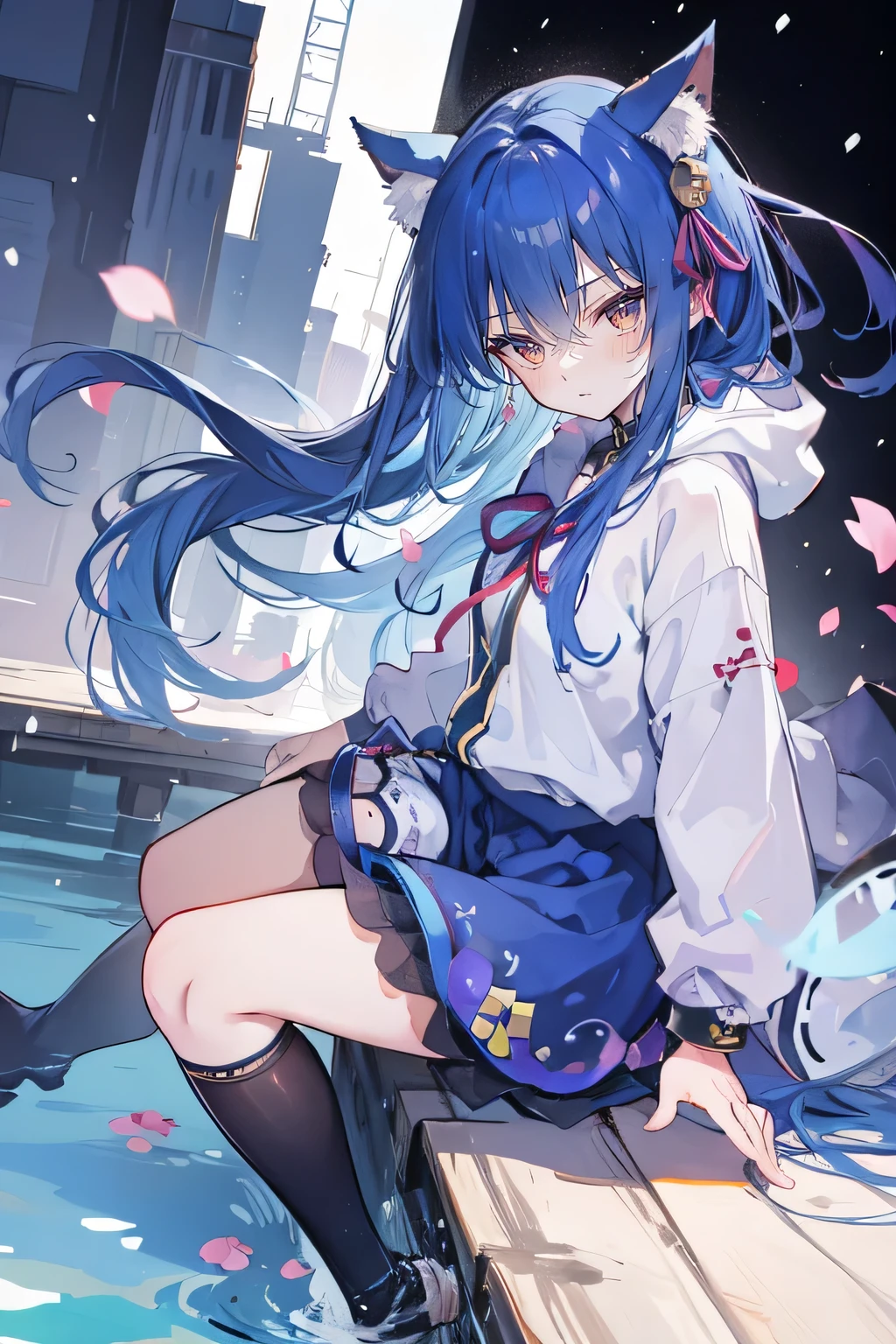 (masterpiece:1.2),Super detailed,lifelike,Expressive eyes,fair skin,perfect face shape,1 girl,
Japanese comics,Gorgeous blue hair,flowing blue hair,flowing clothes,Cat ears,Petals fall,beautiful lola,Baby Angel,
Shaking head with one hand,Cross your legs,Gentle and peaceful background,The pavilion is cool and comfortable,smile, wearing hoodie, background of tokyo,back views,snowing, winter,lie on the water.