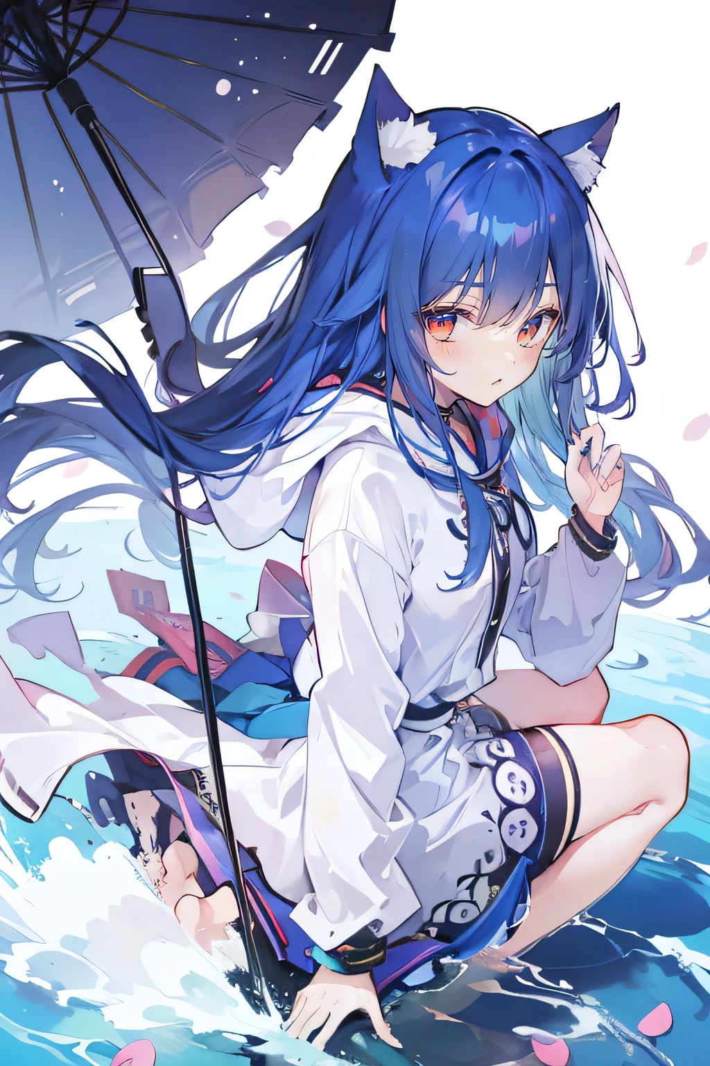 (masterpiece:1.2),Super detailed,lifelike,Expressive eyes,fair skin,perfect face shape,1 girl,
Japanese comics,Gorgeous blue hair,flowing blue hair,flowing clothes,Cat ears,Petals fall,beautiful lola,Baby Angel,
Shaking head with one hand,Cross your legs,Gentle and peaceful background,The pavilion is cool and comfortable,smile, wearing hoodie, background of tokyo,back views,snowing, winter,lie on the water.