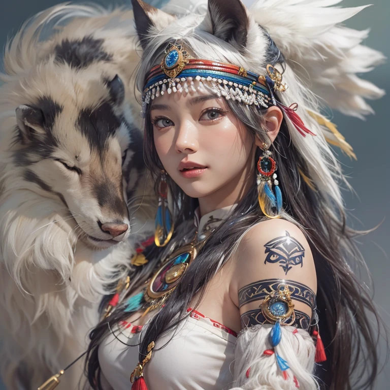 Shirakami-Sanchi、Hair flow、 ((highest quality、masterpiece、8k、Best image quality、Ultra-high resolution、Award-winning works)、(Accurate anatomy:1.1)、(Look at me and smile:1.1)、Shining fair skin with Ultra-high resolution、The most detailed face、Ultra-high resolution detailed face、Ultra-high resolutionの髪の毛、(Ultra-high resolutionの煌めく瞳:1.1)、Beautiful face drawn in every detail、(Blurred Background:1.1)、Native American white costume, American Indian Clothing, Chest to chest, tattoo、A real giant condor next to you。Observe the white wolf