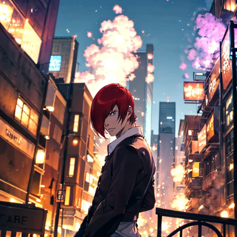 One boy,Hair on one eye,Redhead,short hair,Purple Flame,Fantasy World,isekai,New York Street,