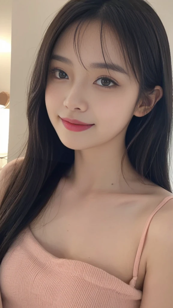 ((top-quality、8K、masterpiece:1.3))、selfee、1 persons、a room、Slimed、Camisole Dresses、Delicat eyes、double eyelid、drooing eyes、A smile、17 age、medium chest、With bangs、long