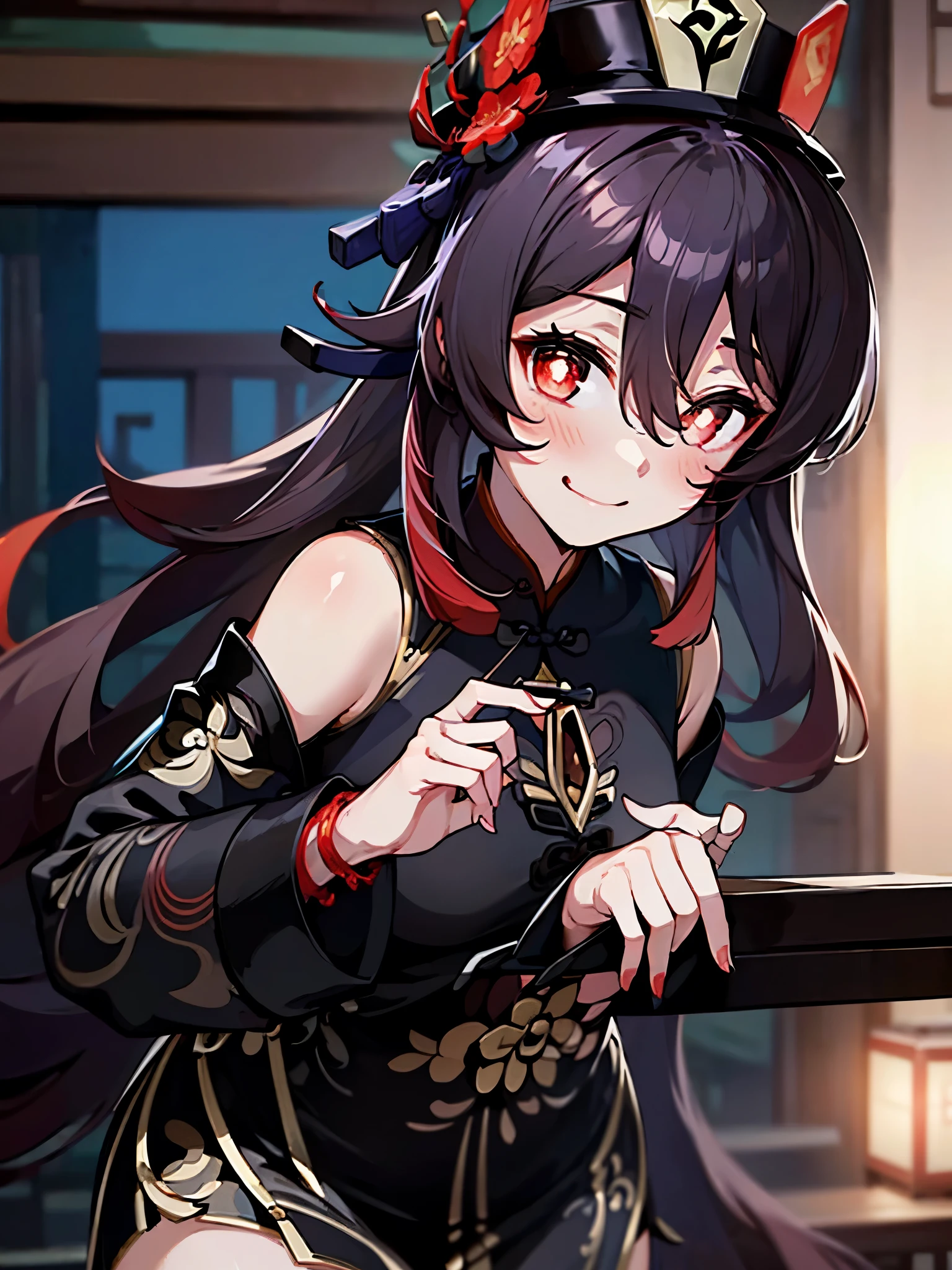NSFW,hutao\(genshin\),(China dress:1.5),Cleavage,(Perfect hands),(Perfect Anatomy),(masterpiece),(highest quality),Embarrassed,blush,Feeling embarrassed,restaurant