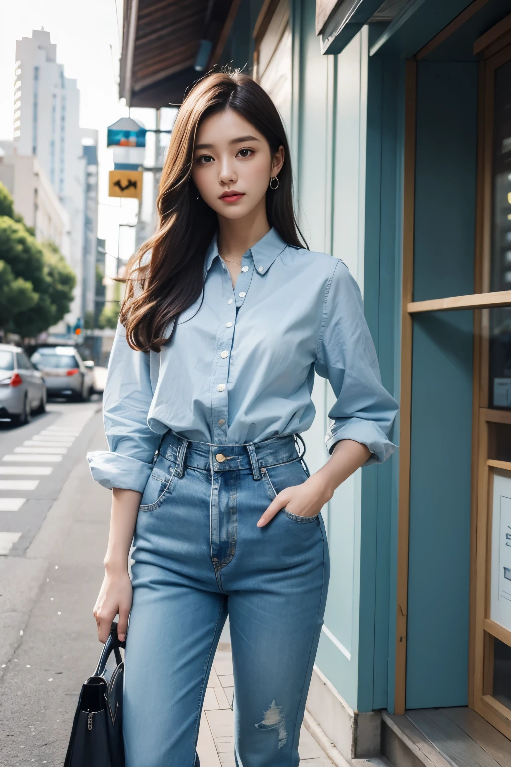 A woman is standing outside the store window with her hands on her hips., wearing a light blue sprite shirt, jean, ( ( ( jeanpants를 입고 ) ) ), Pale blue outfit, pants, trendy clothes, wearing elegant casual clothes, Pale blue, Wearing a linen shirt, jean pants, jeans pants, pastel, detailed image, 셔츠와 jeanpants를 입고, pastel blue