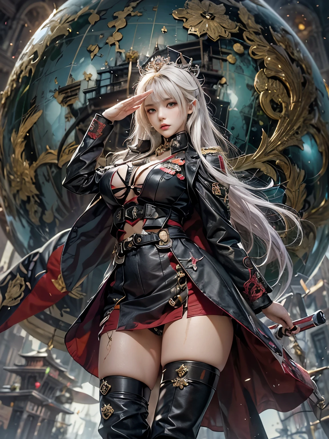 Zerg Queen Beautiful Girl: Ranlinger, 18 years old with slim body, (dictator:1.6), white silver Messy Hair, beautiful Perfect Face, Soft Skin, Perfect Face, Yasutomo Oka's painting style, Big firm Breasts, hard nipples, Sexy, Sharp Eyes, Break, dynamic sexy poses, sweat, wearing dark red long coat, back long military suit, cleavage is exposed, black long skirt, black boots, Add light purple and purple, Add Light Red, Intricate details, Splash screen, 8K resolution, masterpiece,(military medals, dark huge palace, huge globe:1.4), (Ruthless, dignified, mad, brutal:1.3), (salute with Saber:1.5), Sharp Eyes, Break