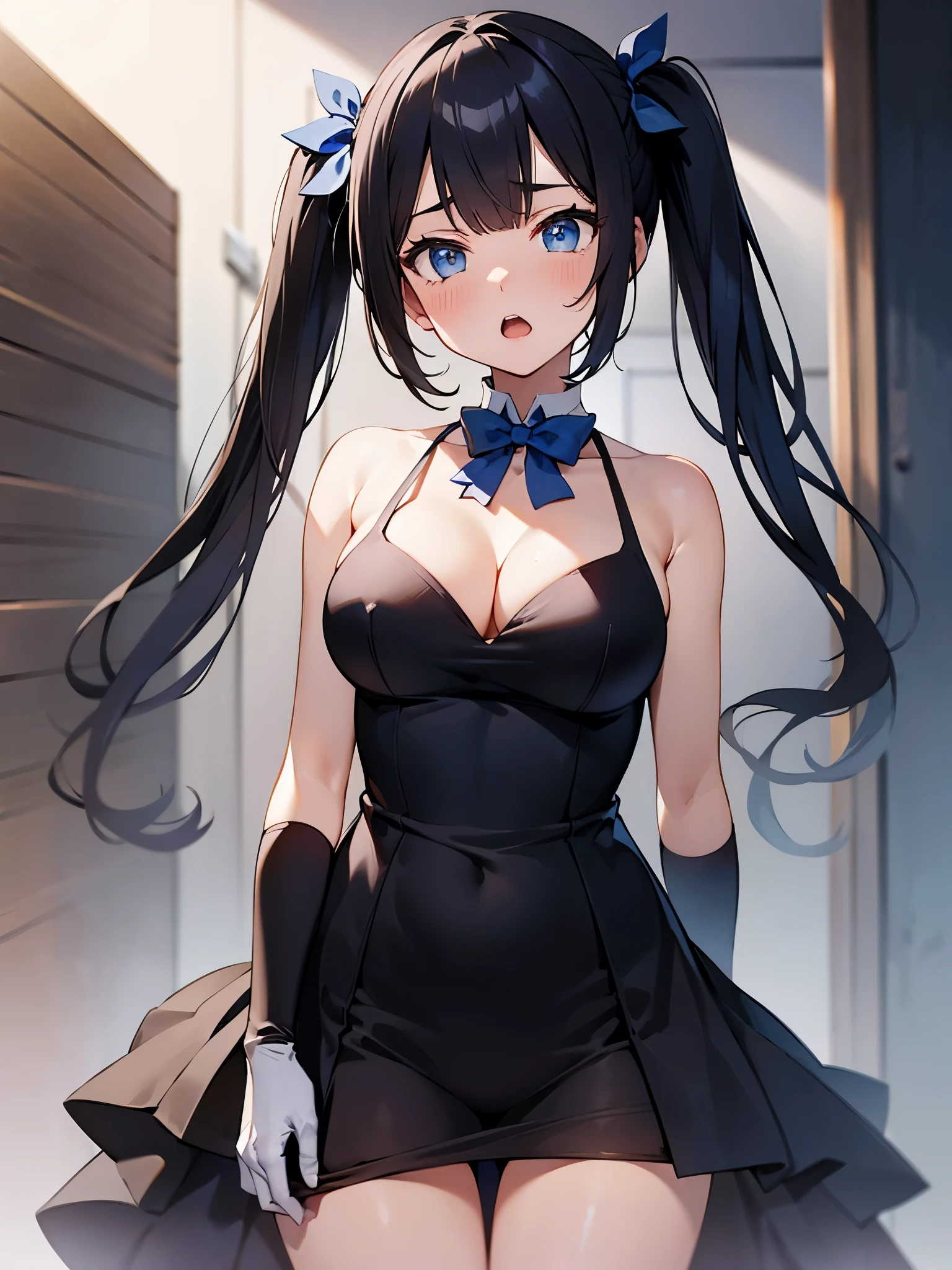 NSFW,Defestia,Black Hair,Twin tails,hair ornaments、White Dress、Blue bow tie、Cleavage cutout、Blue ribbon、Arm ribbon、Short dress,White gloves,(Perfect hands),(Perfect Anatomy),(masterpiece),(highest quality),Embarrassed,blush,Open your mouth