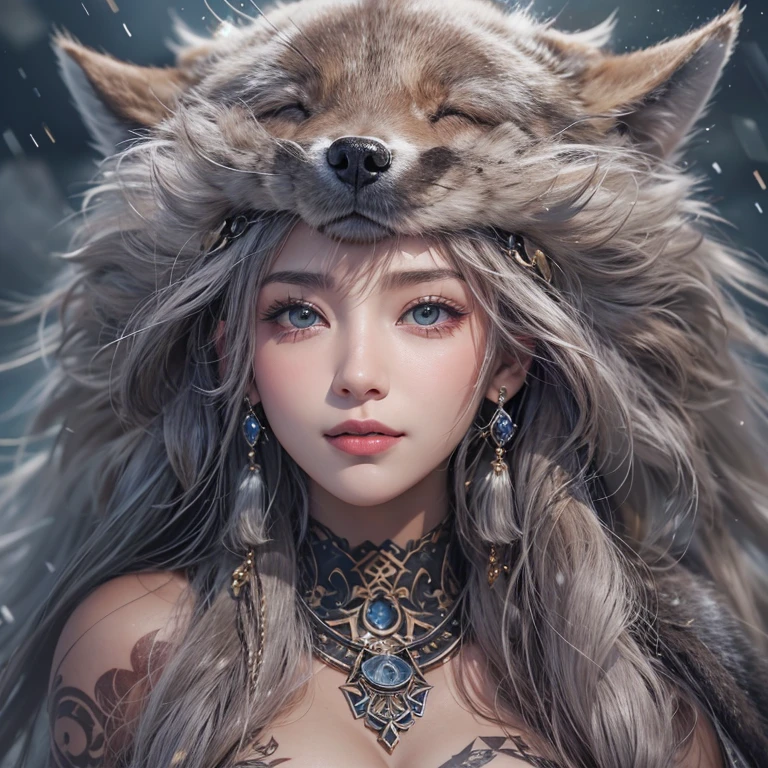 Lakeside surrounded by snowy mountains、Hair flow、 ((highest quality、masterpiece、8k、Best image quality、Ultra-high resolution、Award-winning works)、(Accurate anatomy:1.1)、(Look at me and smile:1.1)、Shining fair skin with Ultra-high resolution、The most detailed face、Ultra-high resolution detailed face、Ultra-high resolutionの髪の毛、(Ultra-high resolutionの煌めく瞳:1.1)、Beautiful face drawn in every detail、Ancient Viking clothing, Chest to chest, tattoo, A real wolf is by your side