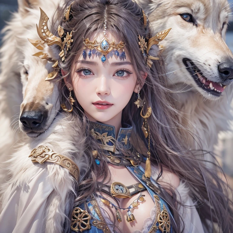 Lakeside surrounded by snowy mountains、Hair flow、 ((Highest quality、masterpiece、8K、Best image quality、Ultra-high resolution、Award-winning works)、(Accurate anatomy:1.1)、(Look at me and smile:1.1)、Shining fair skin with Ultra-high resolution、The most detailed face、Ultra-high resolution detailed face、Ultra-high resolutionの髪の毛、(Ultra-high resolutionの煌めく瞳:1.1)、Beautiful face drawn in every detail、Ancient Viking clothing, Chest to chest, tattoo, A real wolf is by your side