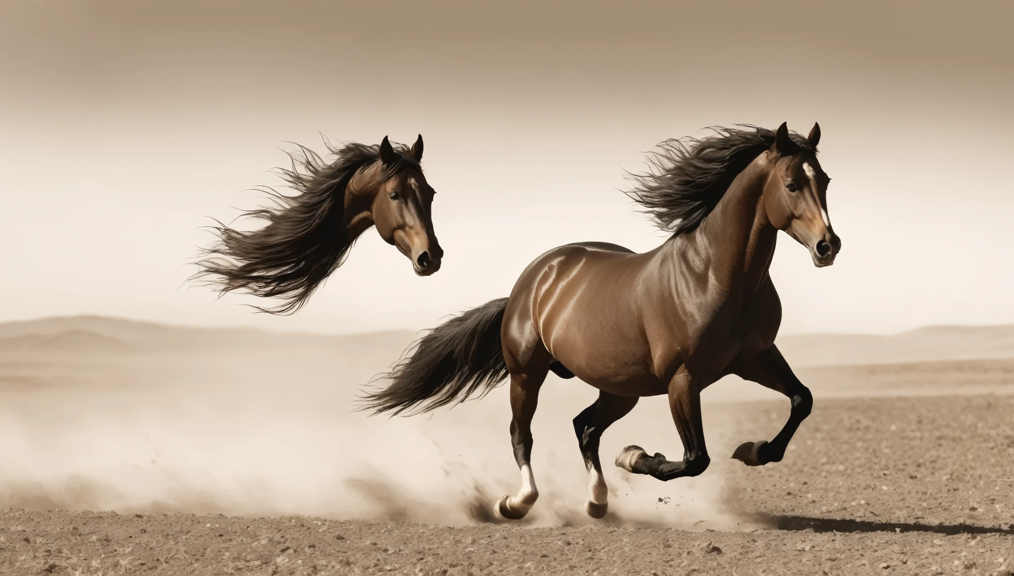A powerful horse galloping across an open, barren landscape, captured in sepia tones. The horse is in mid-stride, its mane and tail flowing dramatically in the wind, showcasing its muscular build and dynamic movement. The background is a vast, empty plain with a hazy, indistinct horizon, giving a sense of freedom and untamed wilderness. The lighting is soft, creating gentle shadows that highlight the contours of the horse's body. The overall mood is majestic and timeless, evoking a sense of wild beauty and strength. The style is reminiscent of classic western photography with a vintage feel.