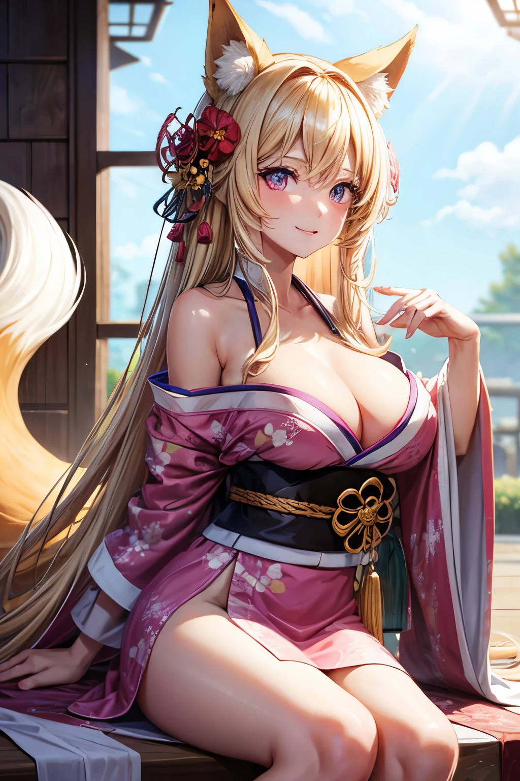 Long blond hair, pink eyes, animal ears, big breasts, royal sister, kimono, fox tail