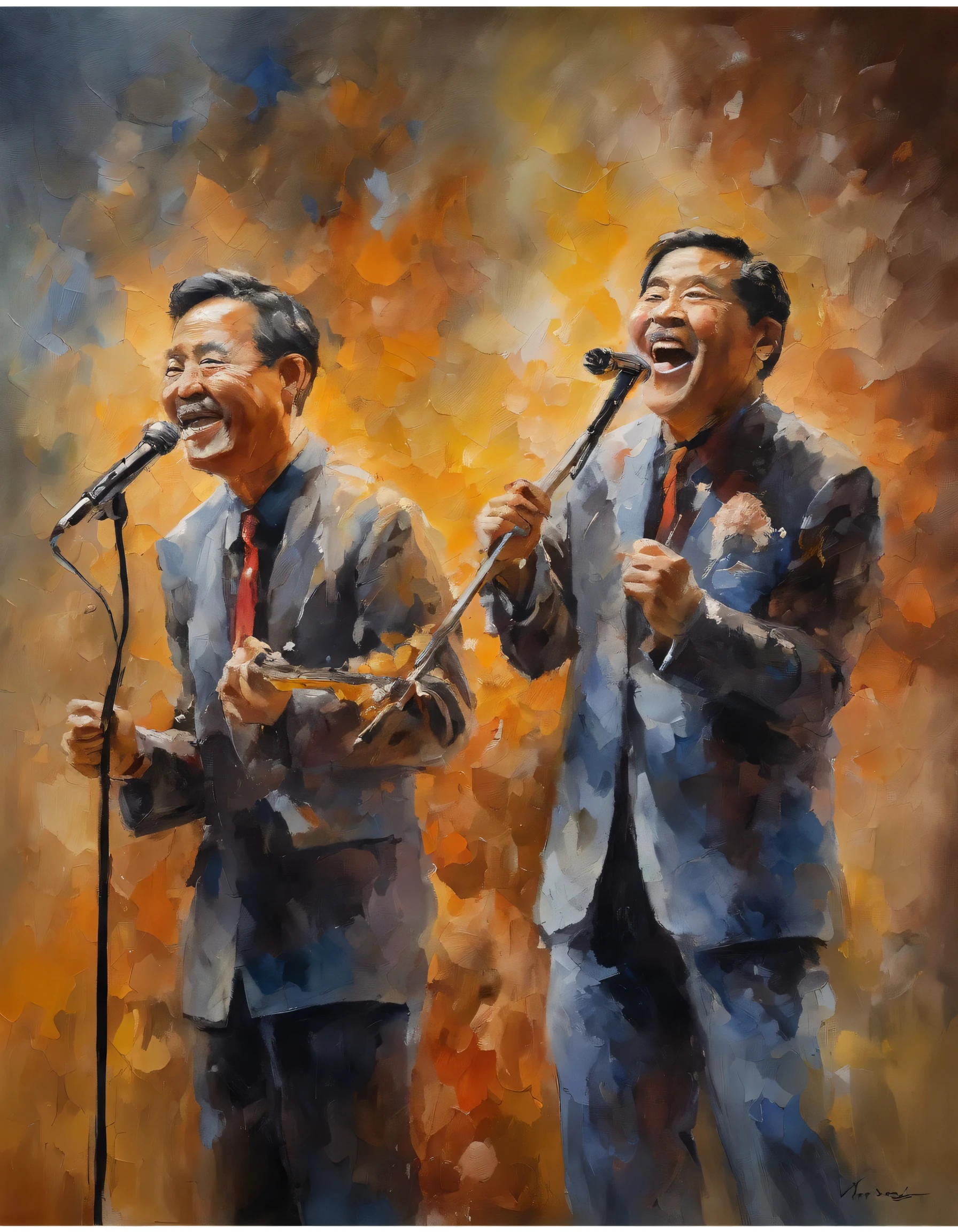 Manzai duo、Manzai performance on stage、Laughter、Palette knife oil painting, Detail view, ((highest quality, masterpiece)), Extremely detailed, 8k