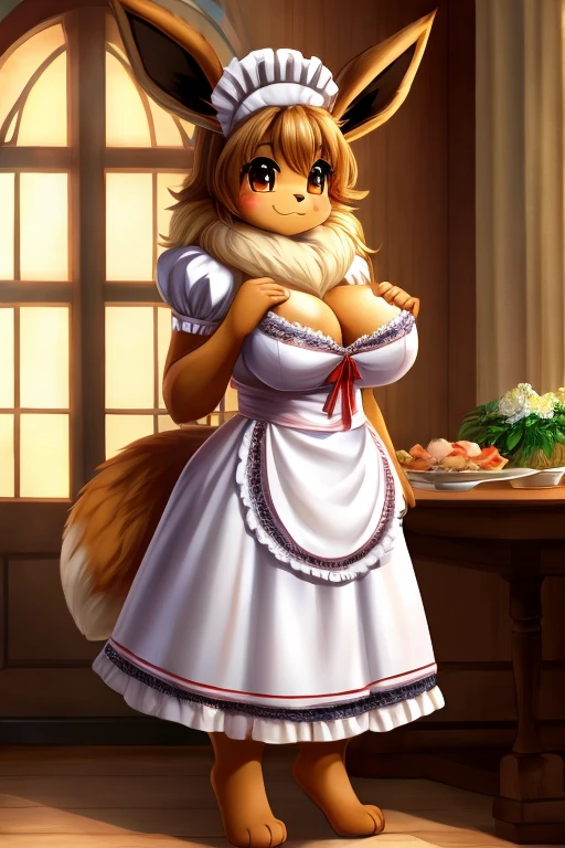 Eevee, female, full breast, very fluffy, maid, standing,