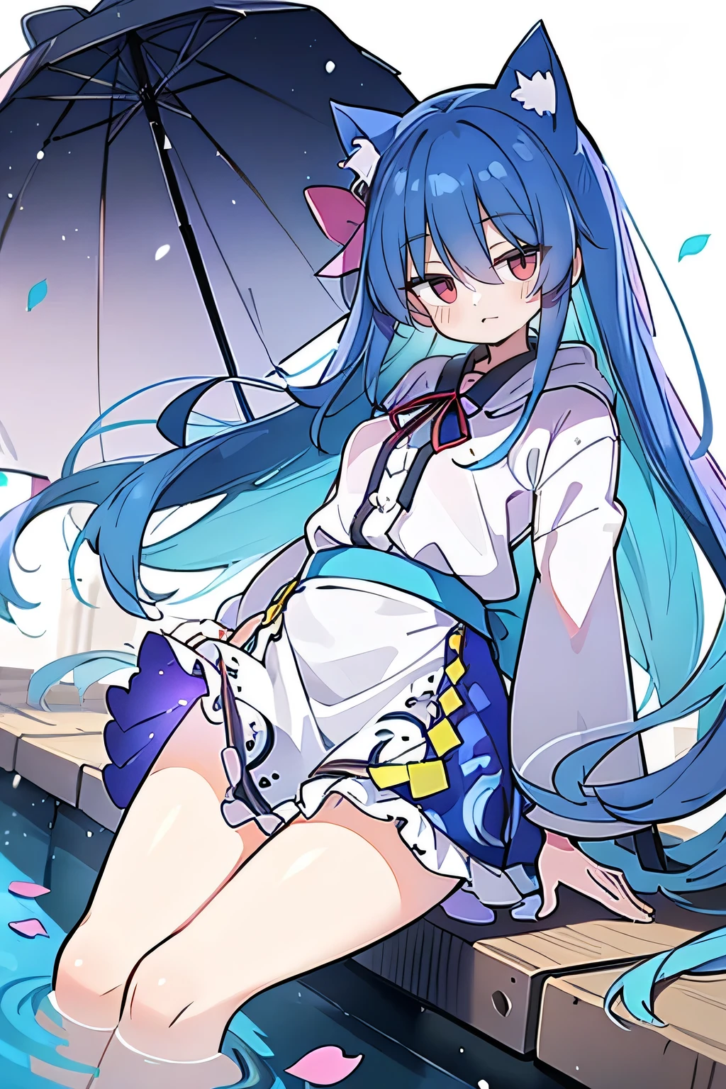 （masterpiece：1.2），Super detailed，lifelike，Expressive eyes，fair skin，perfect face shape，1 girl，
Japanese comics,Gorgeous blue hair,flowing blue hair,flowing clothes,Cat ears,Petals fall,beautiful lola,Baby Angel,
Shaking head with one hand，Cross your legs，Gentle and peaceful background，The pavilion is cool and comfortable,smile, wearing hoodie, background of tokyo,back views,snowing, winter,lie on the water.