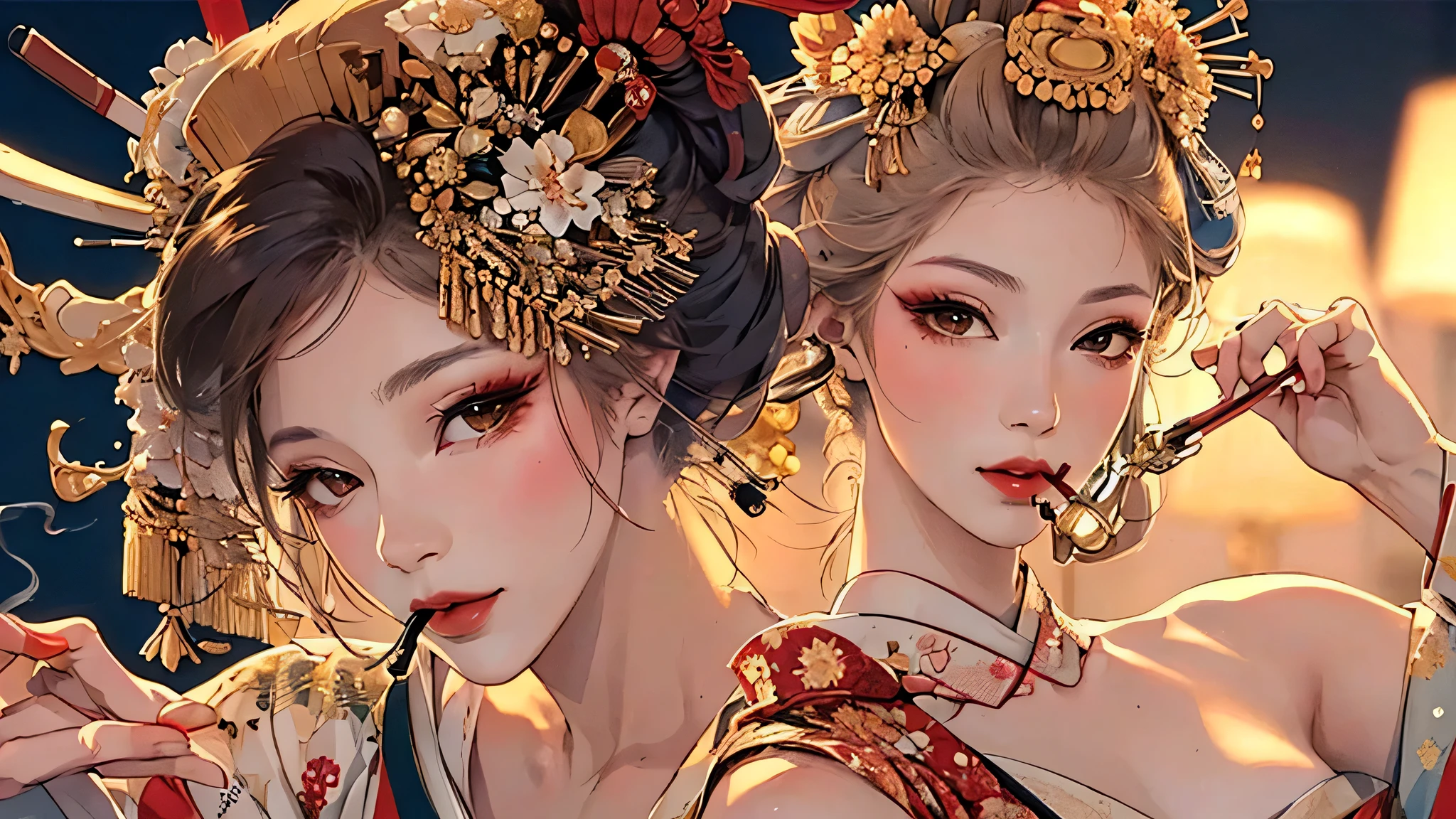 {{{{masterpiece}}}}, {{{Super detailed}}}, {{{High resolution}}}, {{Excellent anatomy}}, (((highest quality))), ((Very delicate and beautiful)), {{Very detailed and delicate}}, {8k CG wallpaper}, {{figure}}, Hairpin:1.4, (One woman:1),Oiran, Urgent 1,A seductive gaze、Smoking a cigarette
