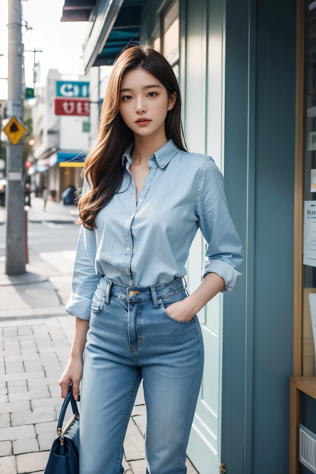 A woman is standing outside the store window with her hands on her hips., wearing a light blue sprite shirt, jean, ( ( ( jeanpants를 입고 ) ) ), Pale blue outfit, pants, trendy clothes, wearing elegant casual clothes, Pale blue, Wearing a linen shirt, jean pants, jeans pants, pastel, detailed image, 셔츠와 jeanpants를 입고, pastel blue