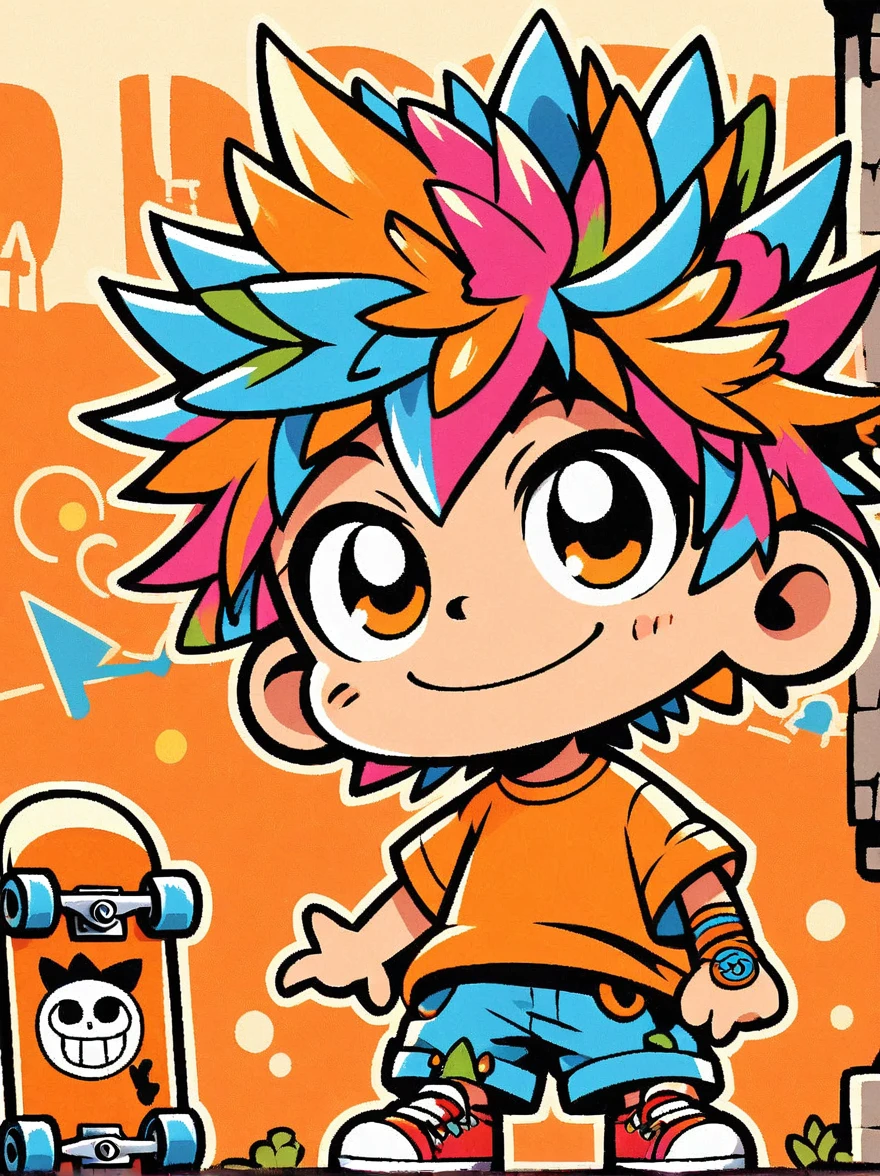 A cartoon doodle character，Vector illustratioughty  boy，With spiky, brightly colored hair，Unique and wild style，It's easy to identify，Wearing orange T-shirt、Blue shorts and red shoes, He often has a mischievous smile，and stir up trouble in his nameless town, He was known for his skateboarding skills and nonchalant attitude., Standing in front of a graffiti style background，Adds whimsy to the scene。