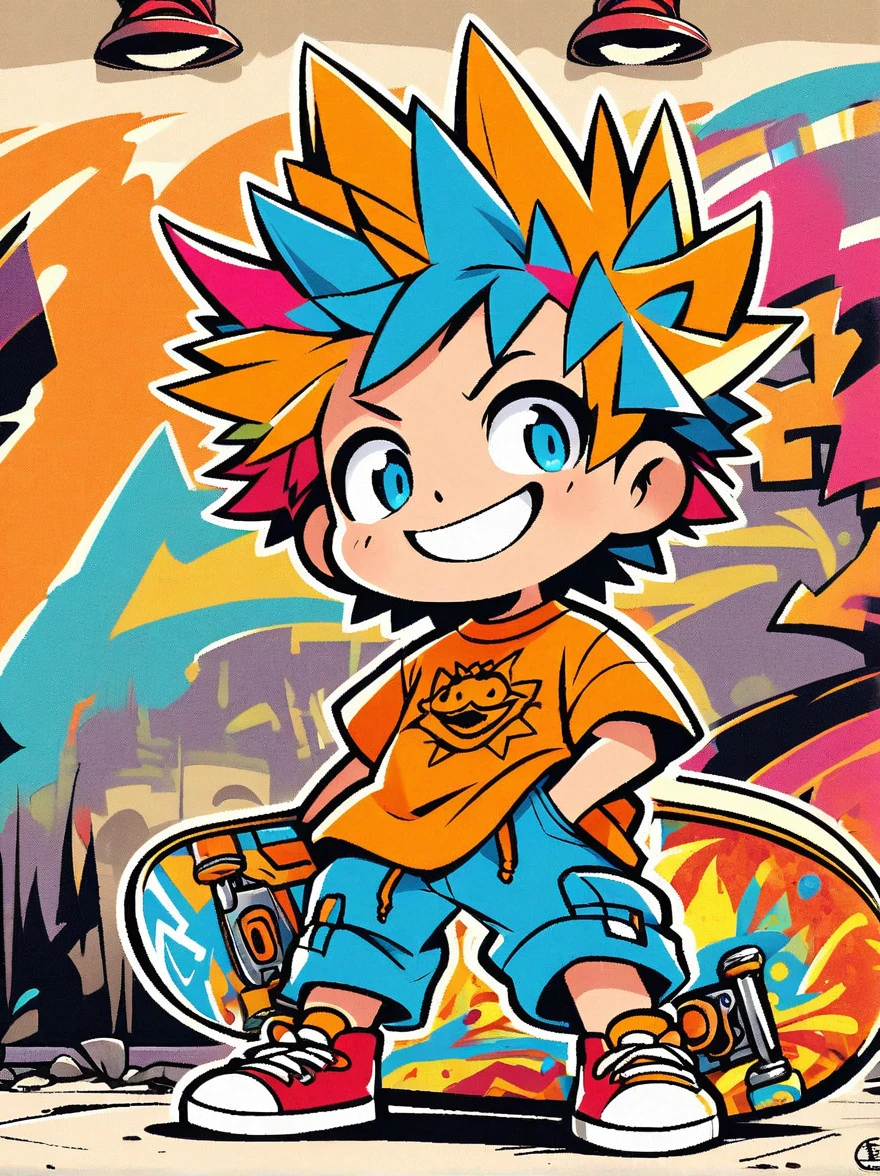 A cartoon doodle character，Vector illustratioughty **********，With spiky, brightly colored hair，Unique and wild style，It's easy to identify，Wearing orange T-shirt、Blue shorts and red shoes, He often has a mischievous smile，and stir up trouble in his nameless town, He was known for his skateboarding skills and nonchalant attitude., Standing in front of a graffiti style background，Adds whimsy to the scene。