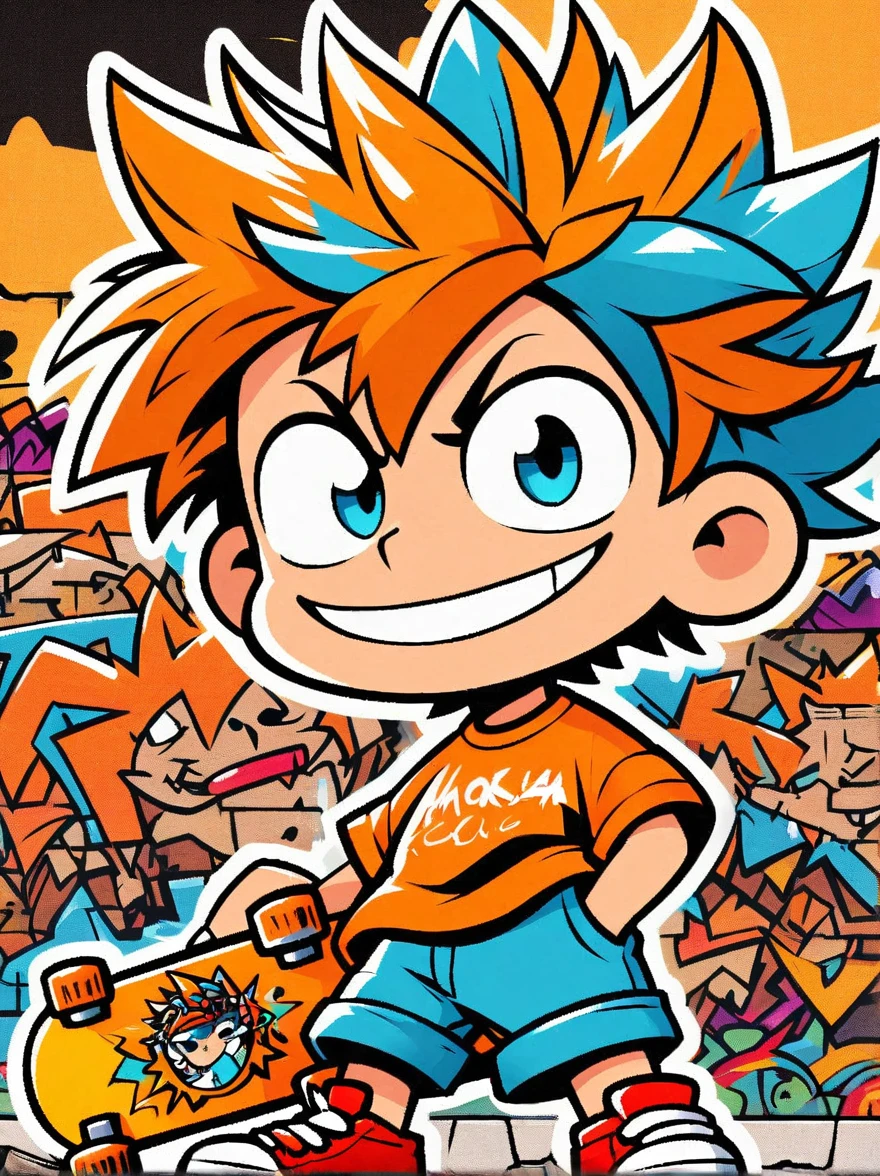A cartoon doodle character，Vector illustratioughty little boy，With spiky, brightly colored hair，Unique and wild style，It's easy to identify，Wearing orange T-shirt、Blue shorts and red shoes, He often has a mischievous smile，and stir up trouble in his nameless town, He was known for his skateboarding skills and nonchalant attitude., Standing in front of a graffiti style background，Adds whimsy to the scene。
