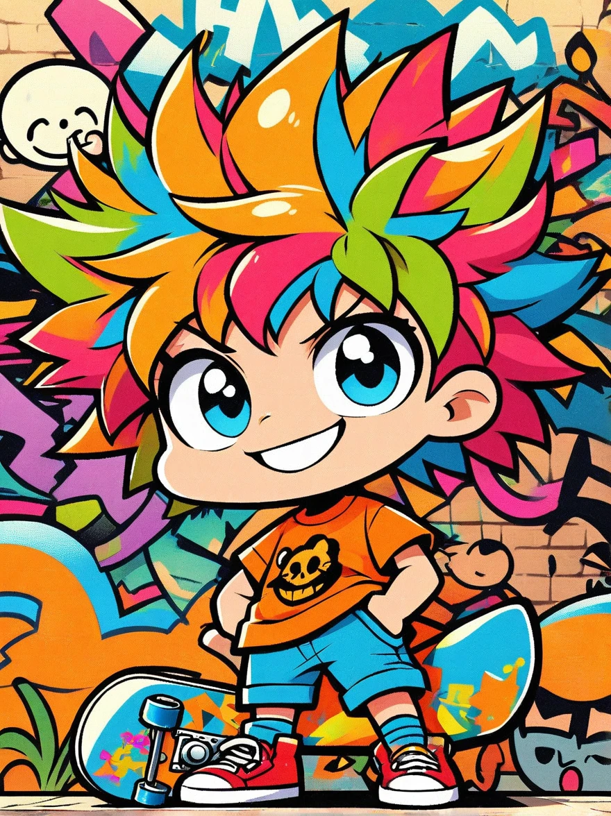 A cartoon doodle character，Vector illustratioughty  boy，With spiky, brightly colored hair，Unique and wild style，It's easy to identify，Wearing orange T-shirt、Blue shorts and red shoes, He often has a mischievous smile，and stir up trouble in his nameless town, He was known for his skateboarding skills and nonchalant attitude., Standing in front of a graffiti style background，Adds whimsy to the scene。