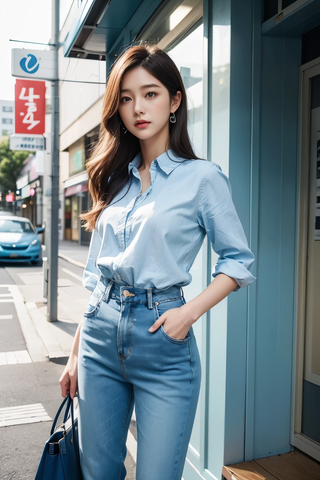 A woman is standing outside the store window with her hands on her hips., wearing a light blue sprite shirt, jean, ( ( ( jeanpants를 입고 ) ) ), Pale blue outfit, pants, trendy clothes, wearing elegant casual clothes, Pale blue, Wearing a linen shirt, jean pants, jeans pants, pastel, detailed image, 셔츠와 jeanpants를 입고, pastel blue