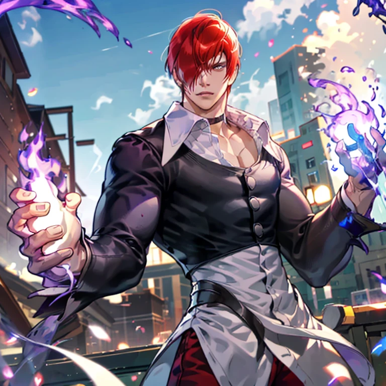 One boy,Hair on one eye,Redhead,short hair,Purple Flame,Fantasy World,isekai,New York Street,